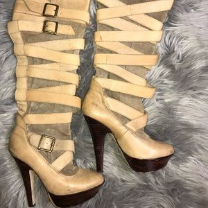 Leather/suede nude heel boot /buckle /mummy style